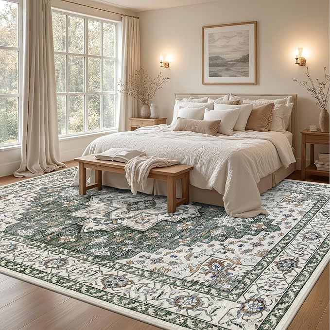 Area Rugs 10x14 Living Room Rug: Washable Rug Soft Vintage Boho Medallion Carpet Indoor Non-Slip Stain Resistant Large Carpets for Bedroom Dining Room Farmhouse Nursery Home Office Green Ivory