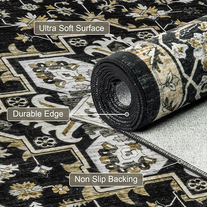 2x3 Area Rugs Living Room Rug: Washable Vintage Boho Medallion Rug No Slip Stain Resistant Soft Carpet Indoor Large Carpets for Bedroom Dining Room Farmhouse Nursery Hallway Home Office Black Gold