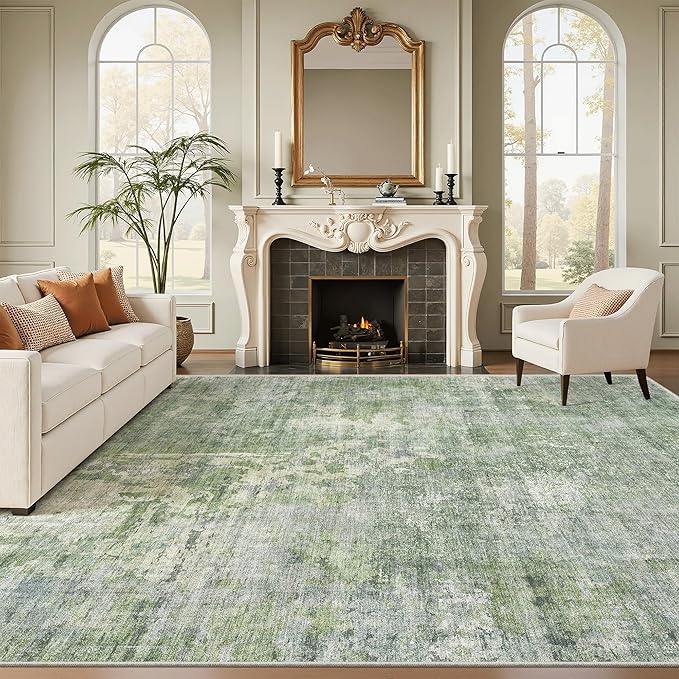 Abstract Rug 8x10 Large Living Room Rugs Neutral Modern Washable Area Rugs for Bedroom Dining Room Non-Slip Stain Resistant Foldable Thin Rug Green