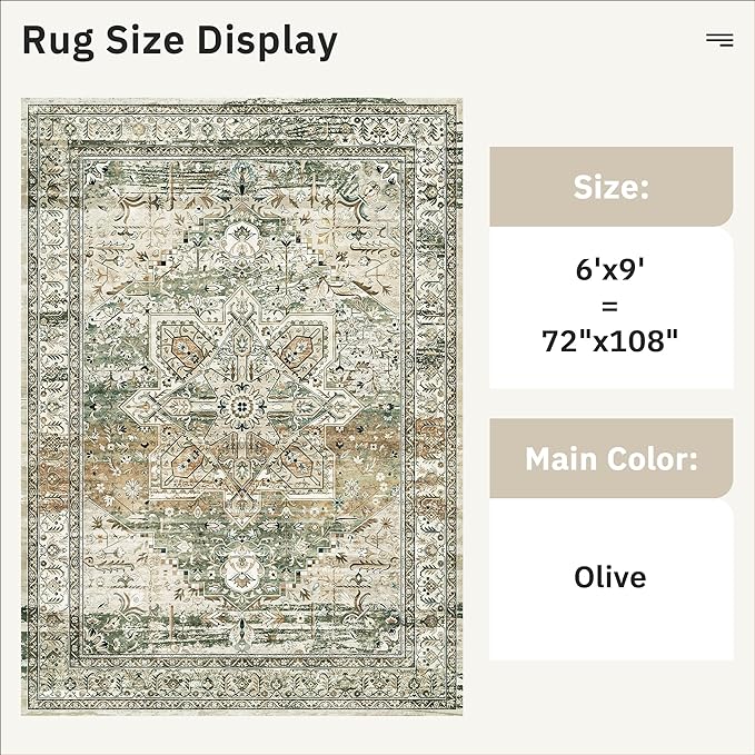 6x9 Area Rugs for Living Room Non-Slip Washable Rugs 6x9 Vintage Rug for Bedroom Dinning Room Ultra-Thin Area Rugs Farmhouse Home Decor Olive/Beige