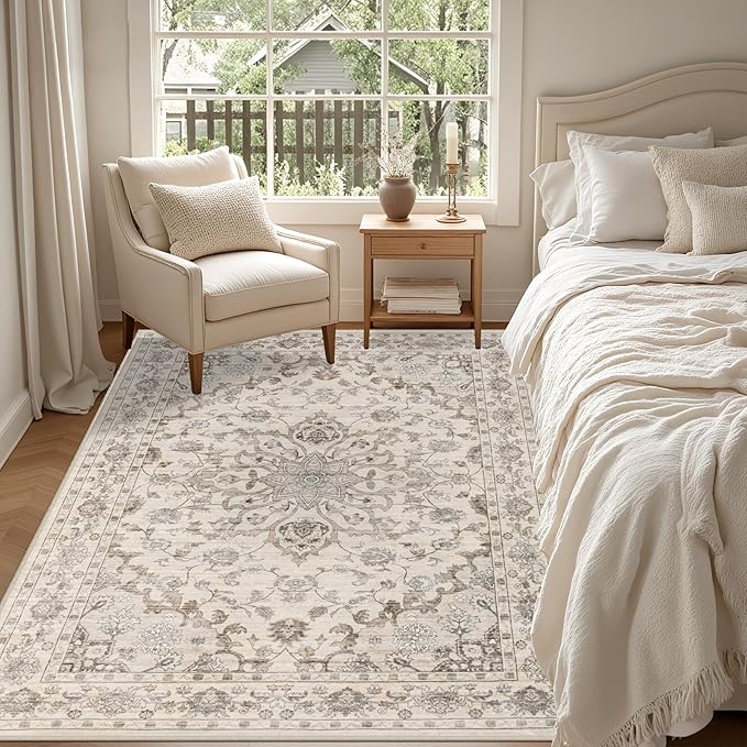 5x7 Area Rugs Living Room Rug: Washable Vintage Distressed Floral Rug No Slip Stain Resistant Soft Carpet Indoor Large Carpets for Bedroom Dining Room Farmhouse Nursery Hallway Home Office Brown Beige