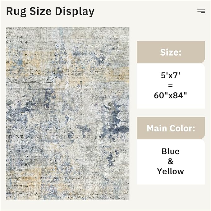 Abstract Rug 5x7 Machine Washable Area Indoor Blue Yellow Low Pile Non-Slip Foldable Thin Accent Rugs for Bedroom Living Room Dining Room