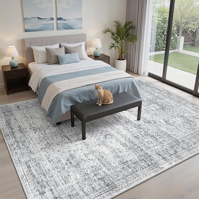 7x9 Area Rug for Living Room Washable Abstract Vintage Soft Thin Indoor Floor Non-Slip Carpet for Bedroom Dining Room Grey
