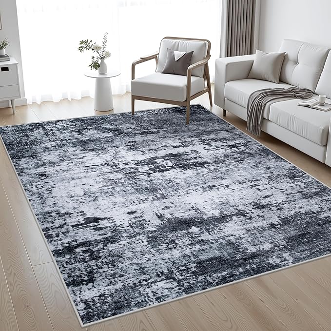 10x12 Area Rug Living Room Rug: Washable Modern Abstract Soft Thin Rug Indoor Floor No Slip Stain Resistant Carpet for Bedroom Dining Room Farmhouse Nursery Home Office - Black