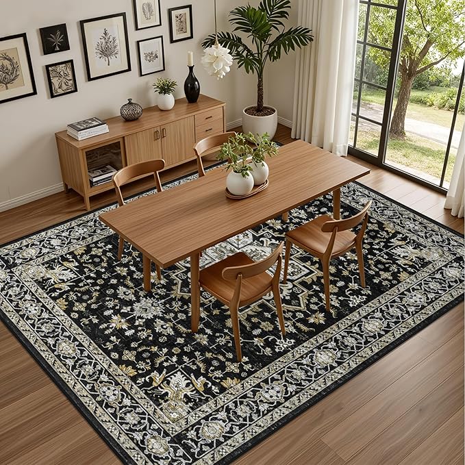 4x6 Area Rugs for Living Room: Washable Rug Soft Vintage Boho Medallion Carpet Indoor Non-Slip Stain Resistant Large Carpets for Bedroom Dining Room Farmhouse Nursery Home Office Black Gold