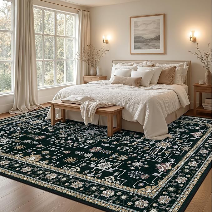8x10 Area Rugs for Living Room: Washable Rug Soft Vintage Boho Medallion Carpet Indoor Floor Non-Slip Stain Resistant Large Carpets for Bedroom Dining Room Farmhouse Nursery Home Office Black