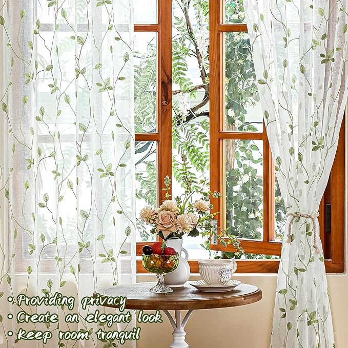 AmHoo 2 Panels Embroidered Leaf Pattern Semi Sheer Curtains Foliage Floral Voile Window Draperies Treatment for Bedroom Living Room Rod Pocket White Light Green 53 x 84 Inch