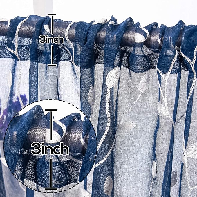 AmHoo 2 Panels Embroidered Leaf Pattern Semi Sheer Curtains Foliage Floral Voile Window Draperies Treatment for Bedroom Living Room Rod Pocket Navy Blue 53 x 84 Inch