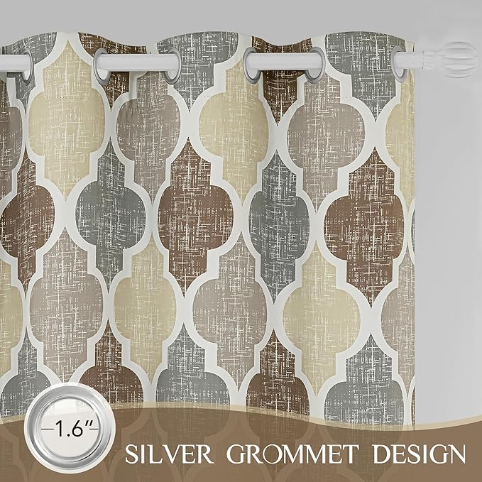 Beauoop 100% Blackout Curtains 63 Inches Long 2 Panels for Bedroom Living Room Brown Grey Moroccan Geo Room Darkening Thermal Insulated Soundproof Grommet Top Window Treatments Drapes, 50x63 Set of 2