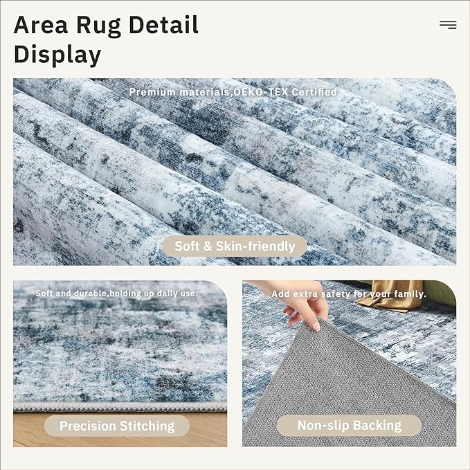 10x14 Area Rugs for Living Room, Non Slip Machine Washable Vintage Rugs, Low Pile Lightweight Large Rug for Bedroom, Dining Room, Home Office Blue