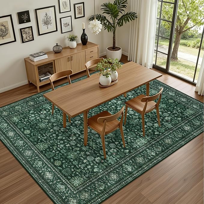 5x7 Area Rugs Living Room Rug: Washable Vintage Distressed Floral Rug No Slip Stain Resistant Soft Carpet Indoor Large Carpets for Bedroom Dining Room Farmhouse Nursery Hallway Home Office Deep Green
