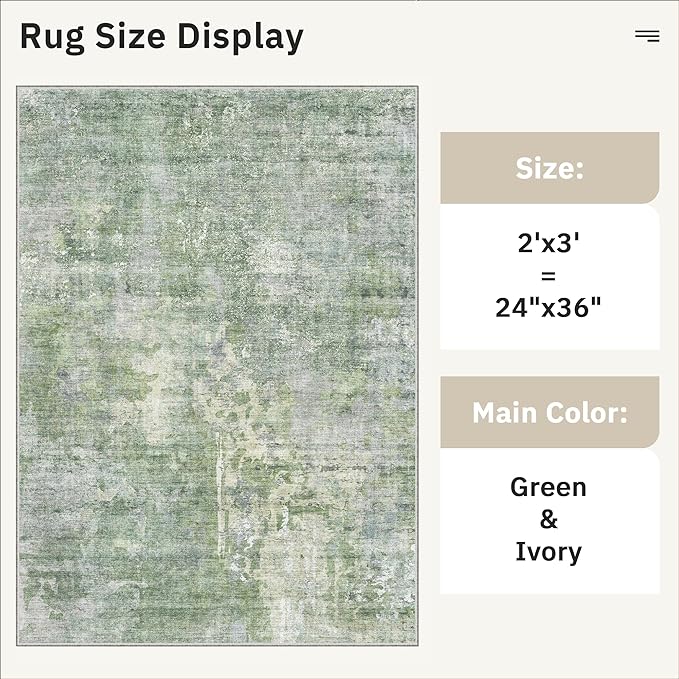 2x3 Abstract Washable Rugs for Kitchen, Floor, Entryway, Powder Room Small Area Rug Non-Slip Vintage Low Pile Throw Door Mat Green Ivory