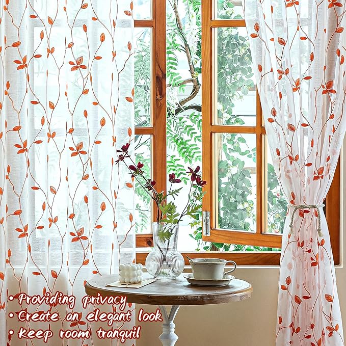 AmHoo 2 Panels Embroidered Leaf Pattern Semi Sheer Curtains Foliage Floral Voile Window Draperies Treatment for Bedroom Living Room Rod Pocket White Burnt Orange 53 x 63 Inch