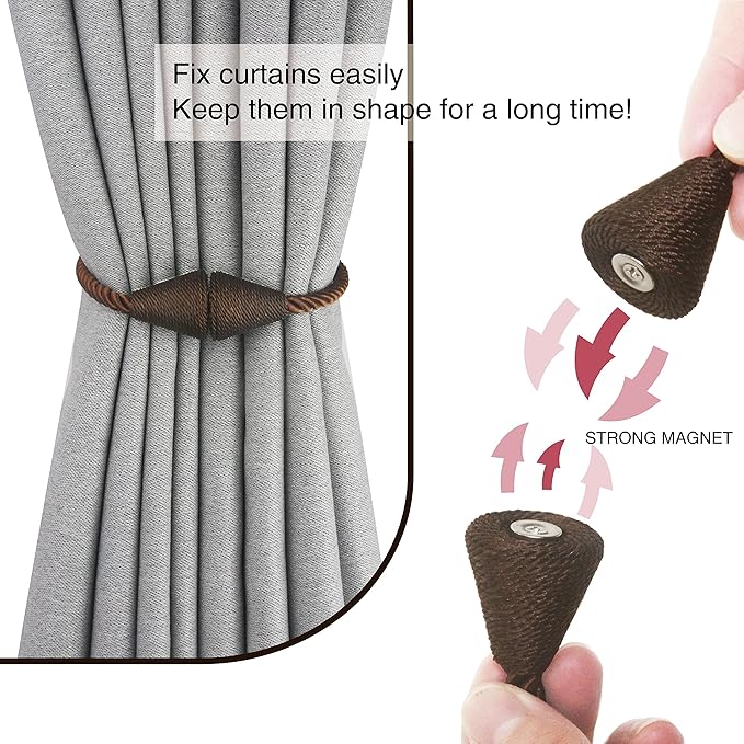 4 Pack Magnetic Curtain Tiebacks Rope Modern Handmade Curtain Tie Backs Decorative Drapes Weave Holdbacks for Window Décor, Coffee