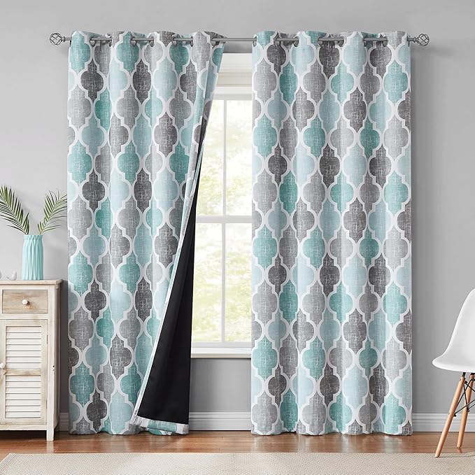 Beauoop 100% Blackout Curtains 96 Inches Long 2 Panels for Bedroom Living Room Aqua Grey Moroccan Geo Room Darkening Thermal Insulated Soundproof Grommet Top Window Treatments Drapes, 50x96 Set of 2