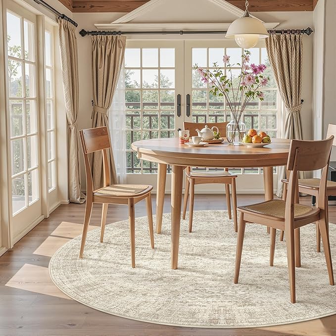 6x6 Beige Round Rug 6ft Living Room Circle Rug Vintage Round Area Rug Non Slip Indoor Carpet for Dining Room Bedroom