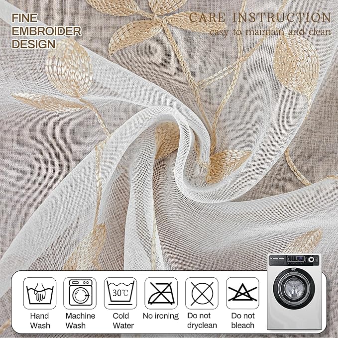AmHoo 2 Panels Embroidered Leaf Pattern Semi Sheer Curtains Foliage Floral Voile Window Draperies Treatment for Bedroom Living Room Rod Pocket White Beige 53 x 84 Inch