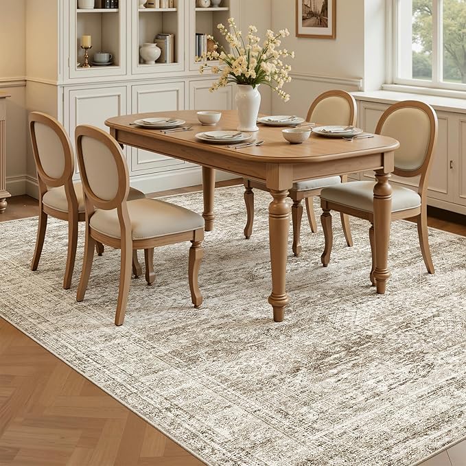 5x7 Area Rugs Brown Low Pile Indoor Washable Trendy Faded Style Rugs for Bedroom Living Room Dining Room Foldable Non-Slip Thin Print Mat