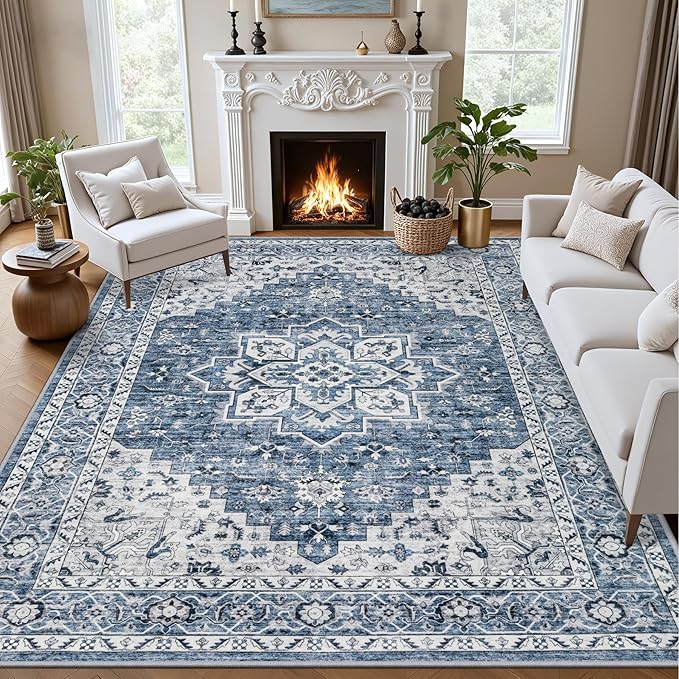 3x5 Area Rugs Living Room Rug: Washable Vintage Boho Medallion Rug No Slip Stain Resistant Soft Carpet Indoor Floor Large Carpets for Bedroom Dining Room Farmhouse Nursery Hallway Home Office Blue