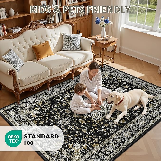 2x3 Area Rugs Living Room Rug: Washable Vintage Boho Medallion Rug No Slip Stain Resistant Soft Carpet Indoor Large Carpets for Bedroom Dining Room Farmhouse Nursery Hallway Home Office Black Gold