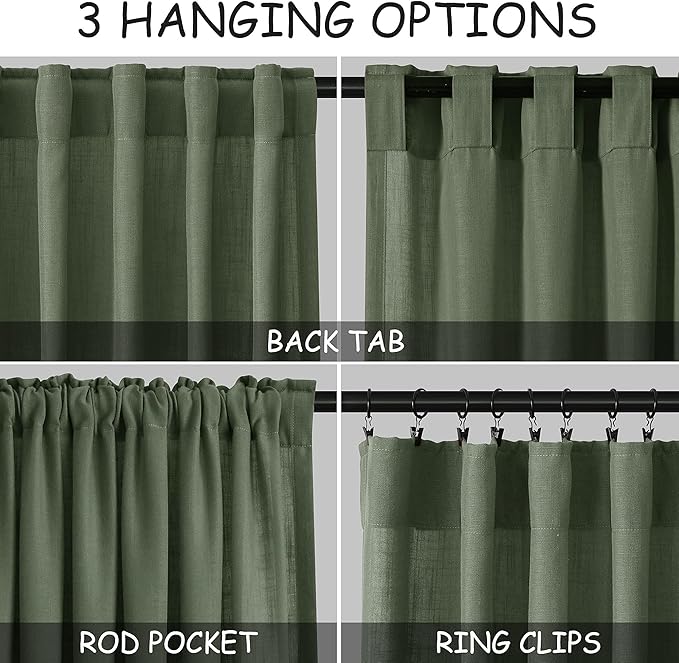 128 Inch Extra Long Curtain for Floor to Ceiling High Window Olive Green Linen Back Tab Curtains for Living Room Filtered and Breathable Semi Sheer Drapes Modern Farmhouse Boho Decor 52x128,2PCS