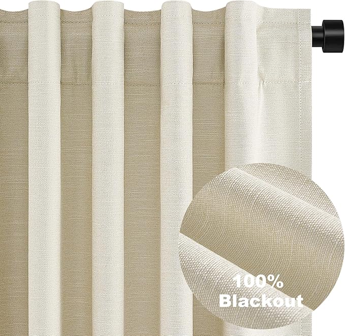 86 Inches Long Cream Colored Custom Blackout Linen Curtains Ivory Cream Pinch Pleated Noise Cancelling Curtains with Pin Hooks for Traverse Burlap Viral Drapes 2 Panels for Living Room Bedroom