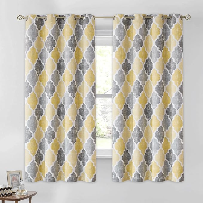 Beauoop 100% Blackout Curtains 63 Inches Long 2 Panels for Bedroom Living Room Yellow Grey Moroccan Geo Room Darkening Thermal Insulated Soundproof Grommet Top Window Treatments Drapes, 50x63 Set of 2