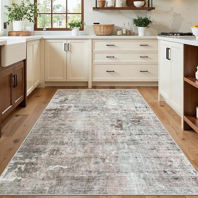 3x5 Rug, Abstract Small Area Rug for Kitchen, Entryway, Machine Washable Non-Slip Throw Rug, Vintage Carpet for Nursery Coffee Table Pink Grey
