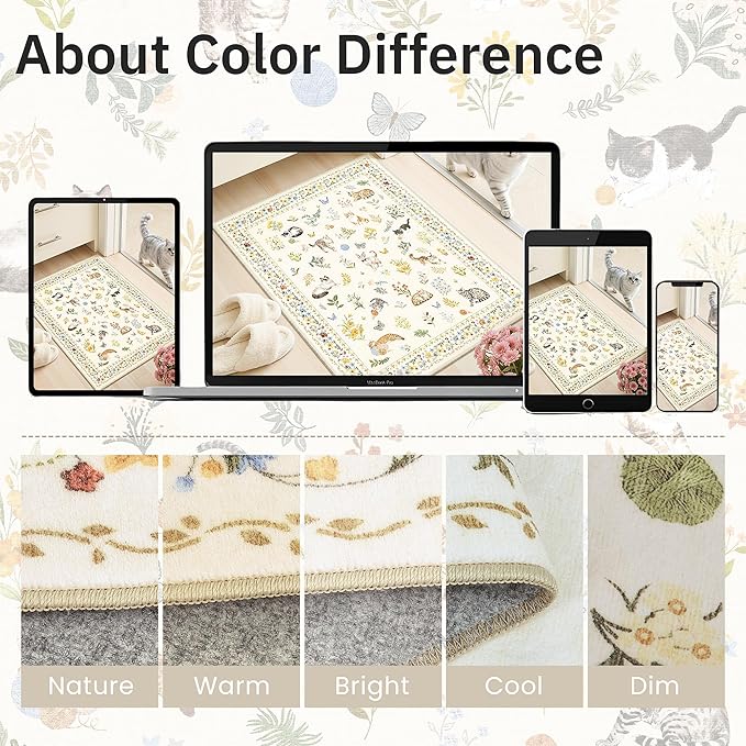 2x3 Cat Rugs for Entryway, Machine Washable Door Mat Animal Floral Small Area Rug Non-Slip Low Pile Soft Throw Rugs for Entrance Kitchen Indoor Front Door Kids Room (2 x 3,Beige)