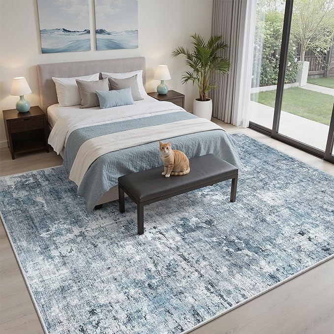 7x9 Area Rug for Living Room Washable Abstract Vintage Soft Thin Indoor Floor Non-Slip Carpet for Bedroom Dining Room Blue Grey