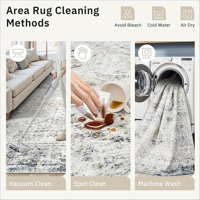 5x7 Area Rugs Blue Ivory Low Pile Indoor Washable Trendy Faded Style Rugs for Bedroom Living Room Dining Room Foldable Non-Slip Thin Print Mat