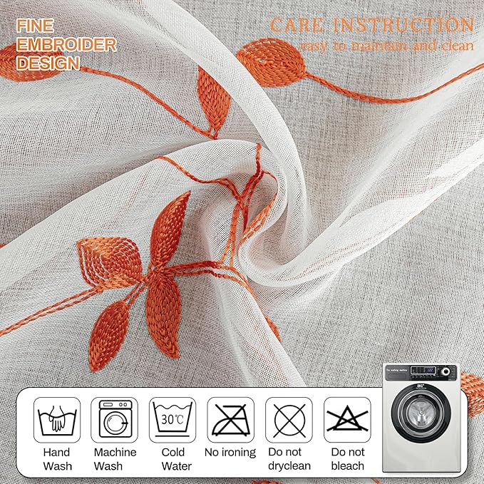 AmHoo 2 Panels Embroidered Leaf Pattern Semi Sheer Curtains Foliage Floral Voile Window Draperies Treatment for Bedroom Living Room Rod Pocket White Burnt Orange 53 x 95 Inch