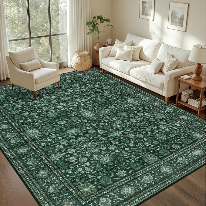 3x5 Area Rugs Living Room Rug: Washable Vintage Distressed Floral Rug No Slip Stain Resistant Soft Carpet Indoor Large Carpets for Bedroom Dining Room Farmhouse Nursery Home Office Deep Green