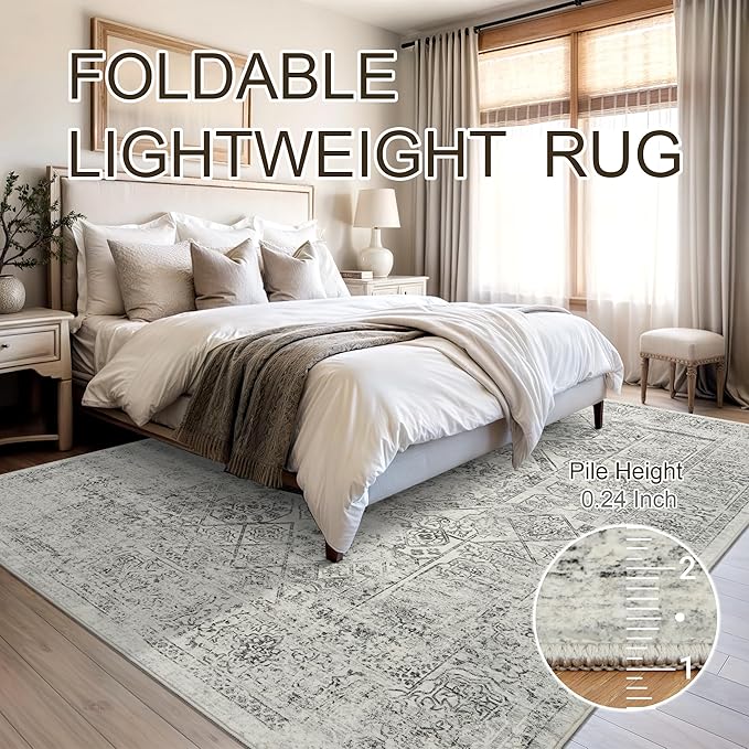 5x7 Area Rugs Grey Low Pile Indoor Washable Trendy Faded Style Floral Rugs for Bedroom Living Room Dining Room Foldable Non-Slip Thin Print Mat