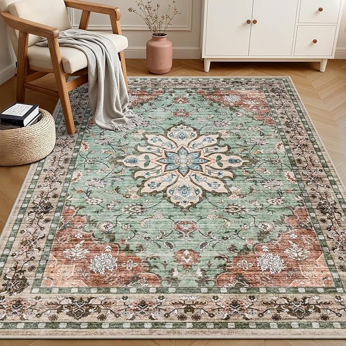 3x5 Area Rugs Living Room Rug: Washable Vintage Distressed Floral Rug No Slip Stain Resistant Soft Carpet Indoor Floor Large Carpets for Bedroom Dining Room Farmhouse Nursery Home Office Brown Green