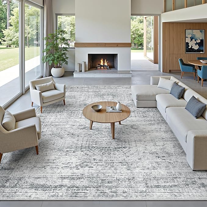 12x15 Washable Area Rug Gray Neutral Abstract Living Room Large Carpet Non Slip Bedroom Indoor Office Dining Room Low Pile Thin Grey Rug