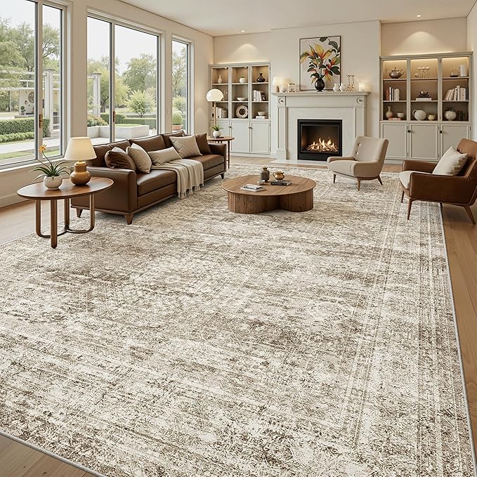 12x15 Washable Area Rug Brown Neutral Abstract Living Room Large Carpet Non Slip Bedroom Indoor Office Dining Room Low Pile Thin Rug