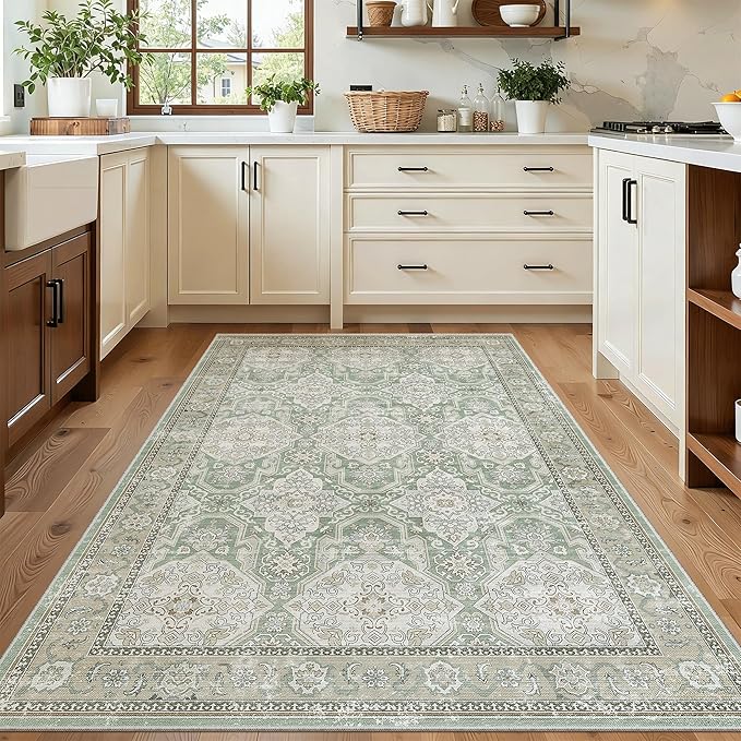 4x6 Area Rugs for Living Room, Vintage Washable Rugs for Dining Room, Bedroom, Home Office Decor, Non-Slip Green/Brown Carpet Thin Rug