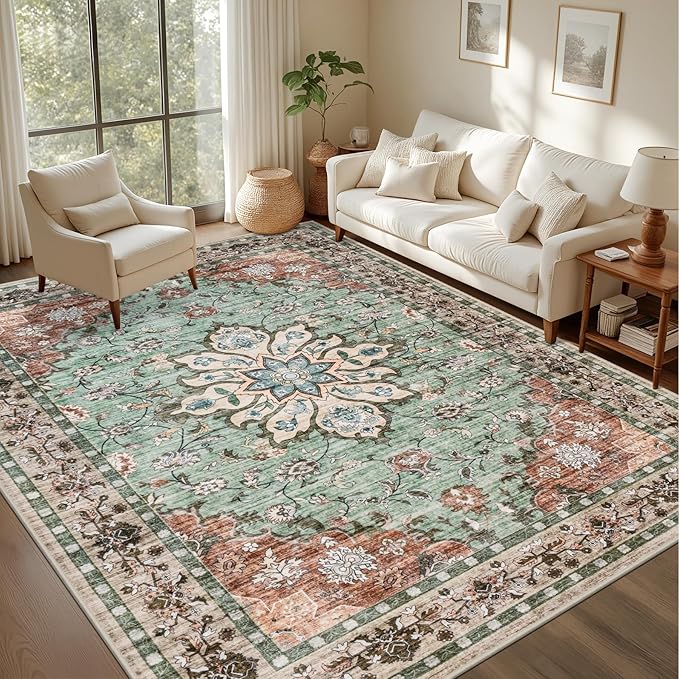 4x6 Area Rugs for Living Room: Washable Rug Soft Vintage Distressed Floral Carpet Indoor Floor Non-Slip Stain Resistant Large Carpets for Bedroom Dining Room Farmhouse Nursery Home Office Brown Green