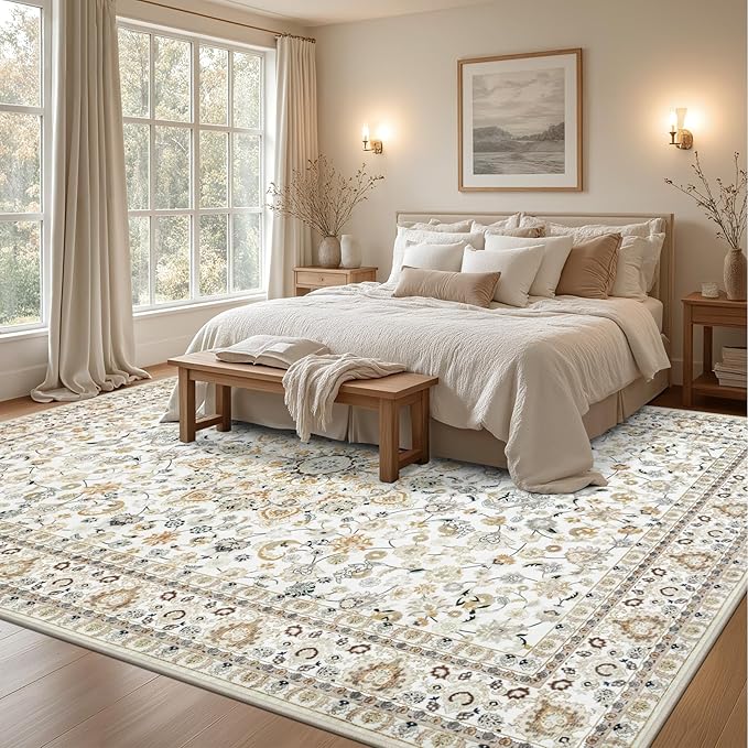 Area Rugs 10x12 Living Room Rug: Washable Rug Soft Vintage Boho Carpet Indoor Floor Non-Slip Stain Resistant Large Carpets for Bedroom Dining Room Farmhouse Nursery Home Office Beige