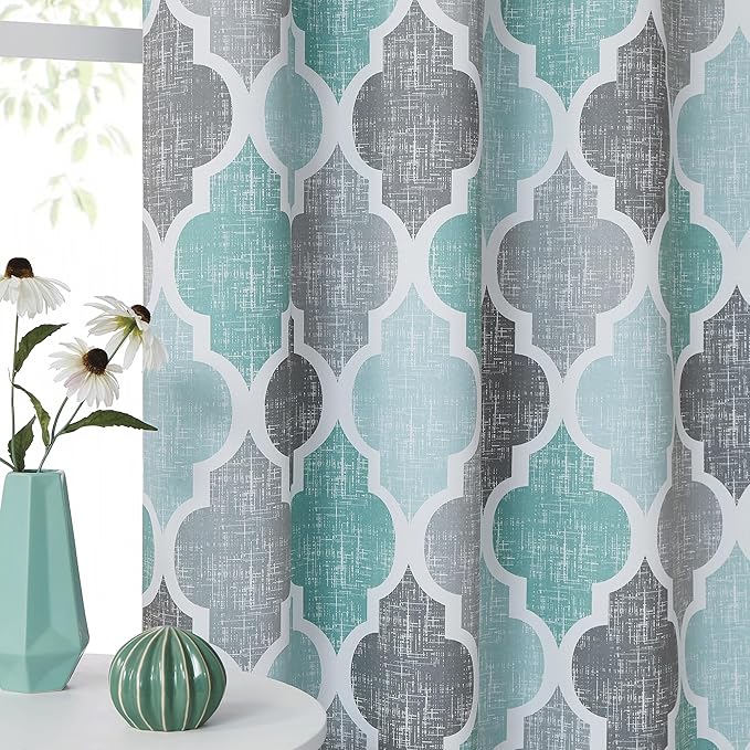 Beauoop 100% Blackout Curtains 45 Inches Long 2 Panels for Bedroom Living Room Aqua Grey Moroccan Geo Room Darkening Thermal Insulated Soundproof Grommet Top Window Treatments Drapes, 50x45 Set of 2