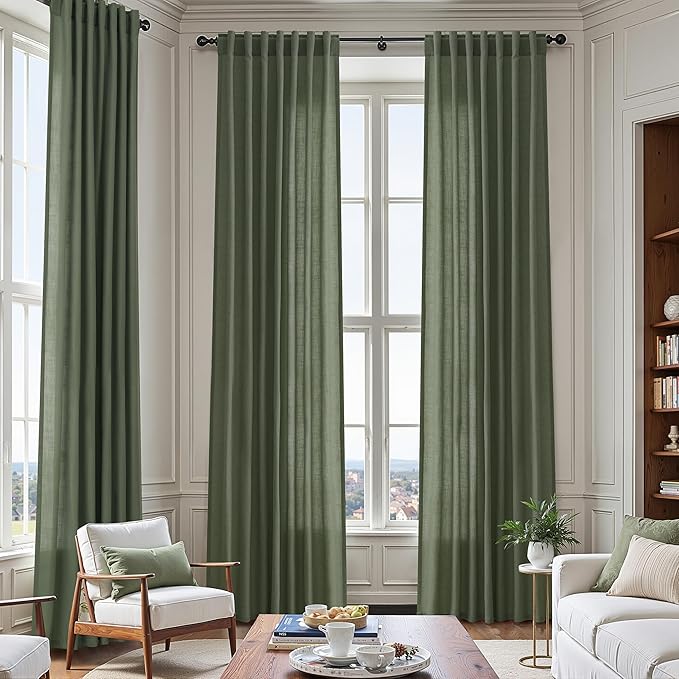 128 Inch Extra Long Curtain for Floor to Ceiling High Window Olive Green Linen Back Tab Curtains for Living Room Filtered and Breathable Semi Sheer Drapes Modern Farmhouse Boho Decor 52x128,2PCS