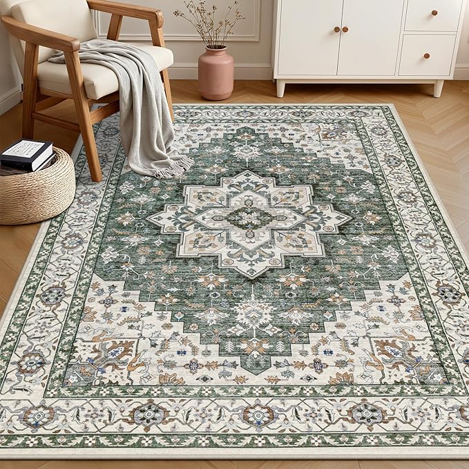 3x5 Area Rugs Living Room Rug: Washable Vintage Boho Medallion Rug No Slip Stain Resistant Soft Carpet Indoor Large Carpets for Bedroom Dining Room Farmhouse Nursery Hallway Home Office Green Ivory