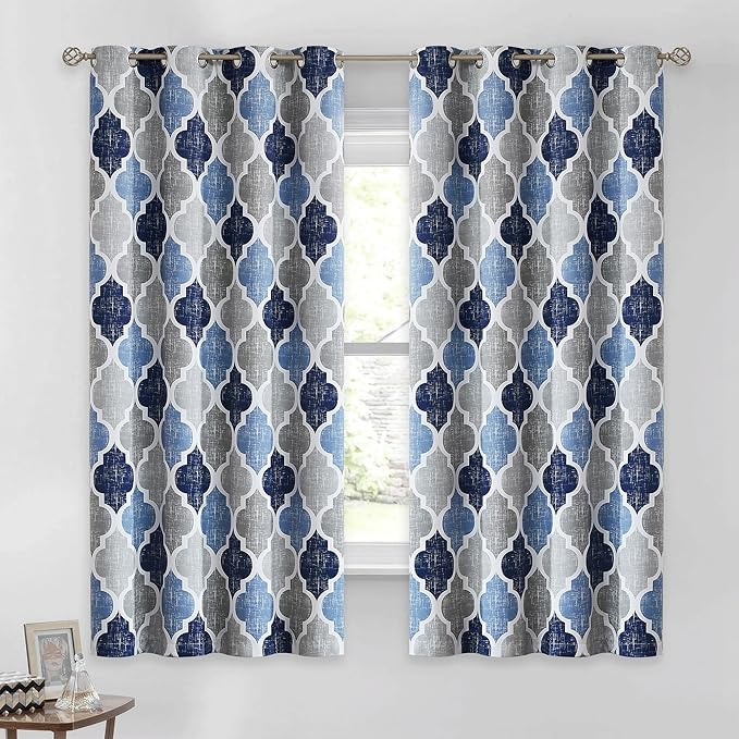 Beauoop 100% Blackout Curtains 54 Inches Long 2 Panels for Bedroom Living Room Blue Grey Moroccan Geo Room Darkening Thermal Insulated Soundproof Grommet Top Window Treatments Drapes, 50x54 Set of 2