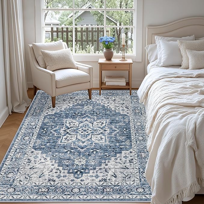 4x6 Area Rugs for Living Room: Washable Rug Soft Vintage Boho Medallion Carpet Indoor Floor Non-Slip Stain Resistant Large Carpets for Bedroom Dining Room Farmhouse Nursery Home Office Blue