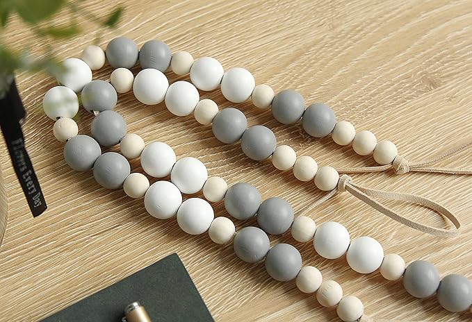 2 Pieces Wood Bead Curtain Tieback Boho Curtain Tiebacks Curtain Holdbacks for Wall Curtain Ties Window Treatment Curtain Tie Backs with Hooks for Nursery Decor Boho Decor(White, Grey, Wood Color, 2)