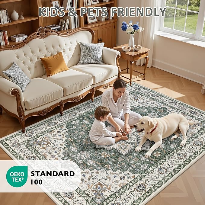 2x3 Area Rugs Living Room Rug: Washable Vintage Boho Medallion Rug No Slip Stain Resistant Soft Carpet Indoor Large Carpets for Bedroom Dining Room Farmhouse Nursery Hallway Home Office Green Ivory