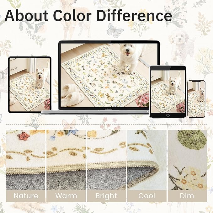 2x3 Dog Rugs for Entryway, Machine Washable Door Mat Animal Floral Small Area Rug Non-Slip Low Pile Soft Throw Rugs for Entrance Kitchen Indoor Front Door Kids Room (2 x 3,Beige)