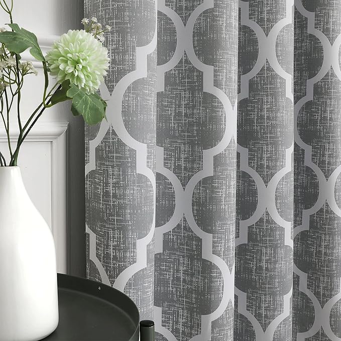 Beauoop 100% Blackout Curtains 63 Inches Long 2 Panels for Bedroom Living Room Grey Moroccan Geo Room Darkening Thermal Insulated Soundproof Grommet Top Window Treatments Drapes, 50x63 Set of 2
