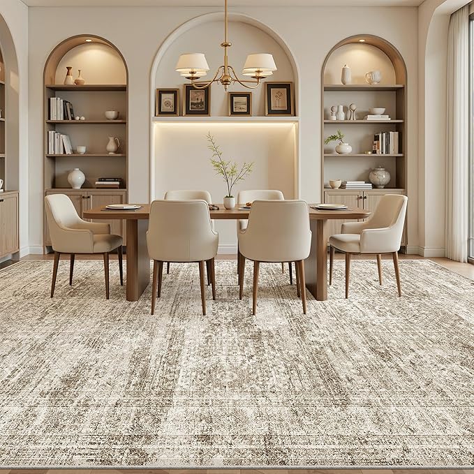 12x15 Washable Area Rug Brown Neutral Abstract Living Room Large Carpet Non Slip Bedroom Indoor Office Dining Room Low Pile Thin Rug